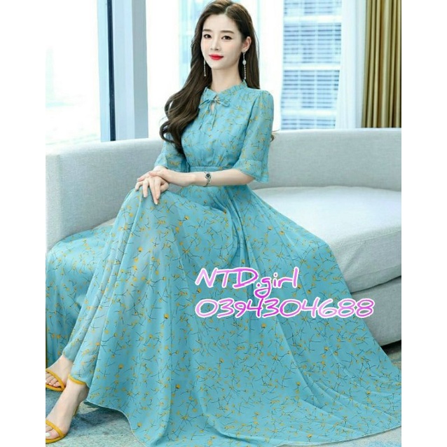 Hàng nhập - Đầm dáng xòe maxi voan lụa xanh in hoa cúc vàng, váy dự tiệc cổ trụ viền bèo