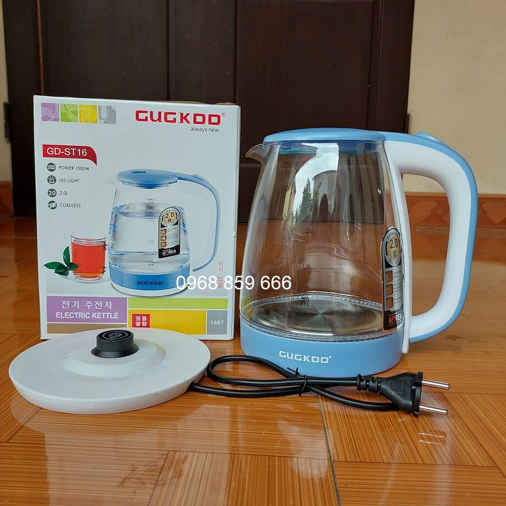 Ấm Siêu Tốc Thủy Tinh 2.0L Công Suất 1500W Thiết Kế Hiện Đại Trong Suốt có đèn LED