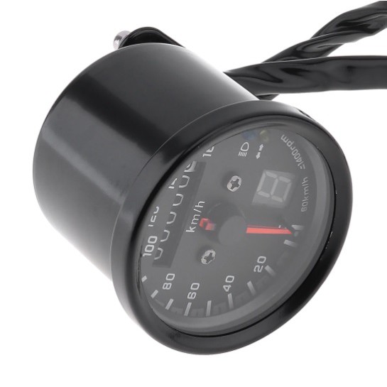 ĐỒNG HỒ XE MÁY CAFE RACER, TRACER - Đồng hồ độ đo km classic màu đen có kèm báo số và 2 đèn báo chức năng cơ bản