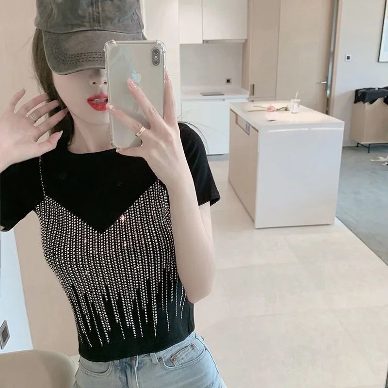 Áo Thun Tay Ngắn Giả Hai Lớp Đính Đá Thời Trang Cá Tính Cho Nữ  tao bao
