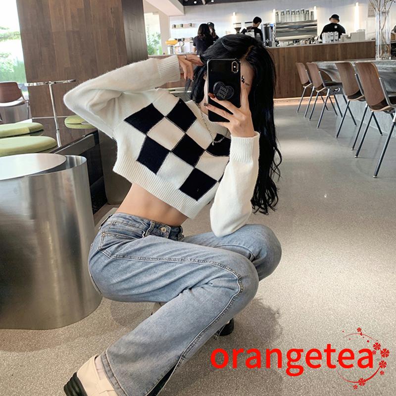 Áo Croptop Tay Dài Cổ Tròn Họa Tiết Kẻ Sọc Màu Sắc Thời Trang Cho Nữ