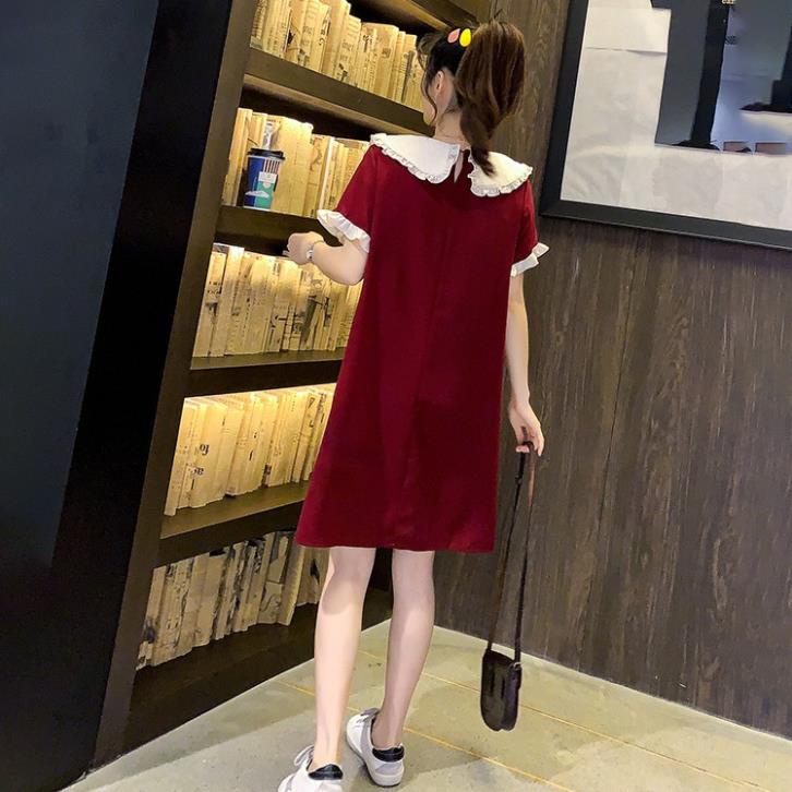 Váy bầu suông liền thân cổ sen tay bèo - Màu đỏ / đen - Chất vải đũi Thái cao cấp mềm mại -feezsai 40–75 kg (Mã HDO9)