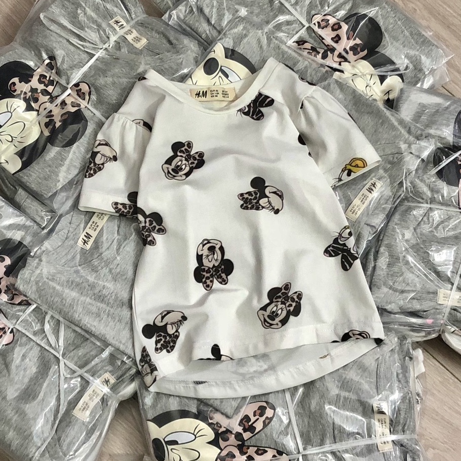 [Rẻ Vô Địch] Áo thun cộc tay bé gái - Set 2 áo cộc tay Hm Minnie ghi trắng chất cotton cho bé gái size 2-10t