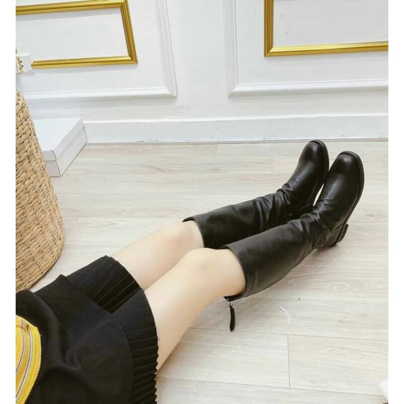 boot đùi gót 2cm đen kem da mịn