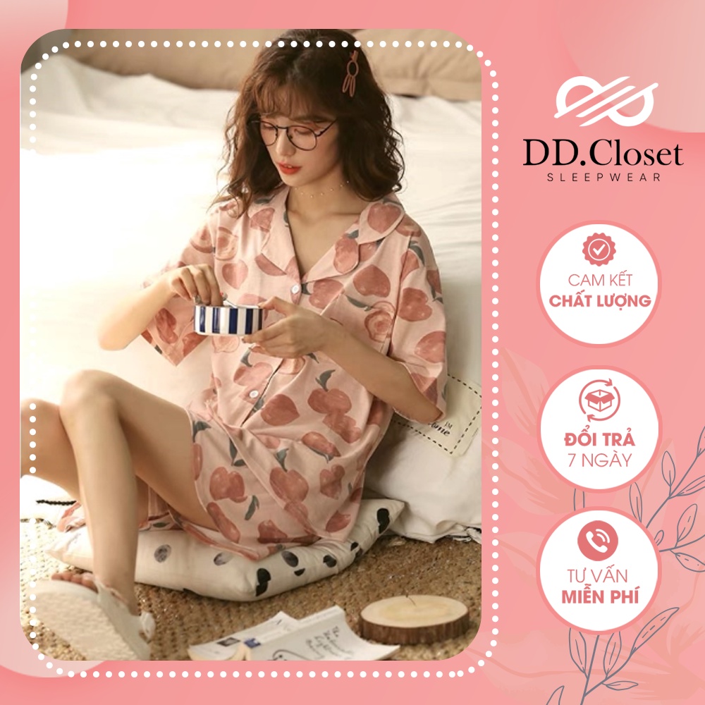 Bộ đồ ngủ pijama nữ cộc tay quần đùi chất lụa Kate Thái mềm mịn màu hồng họa tiết quả đào xinh xắn - CD0042