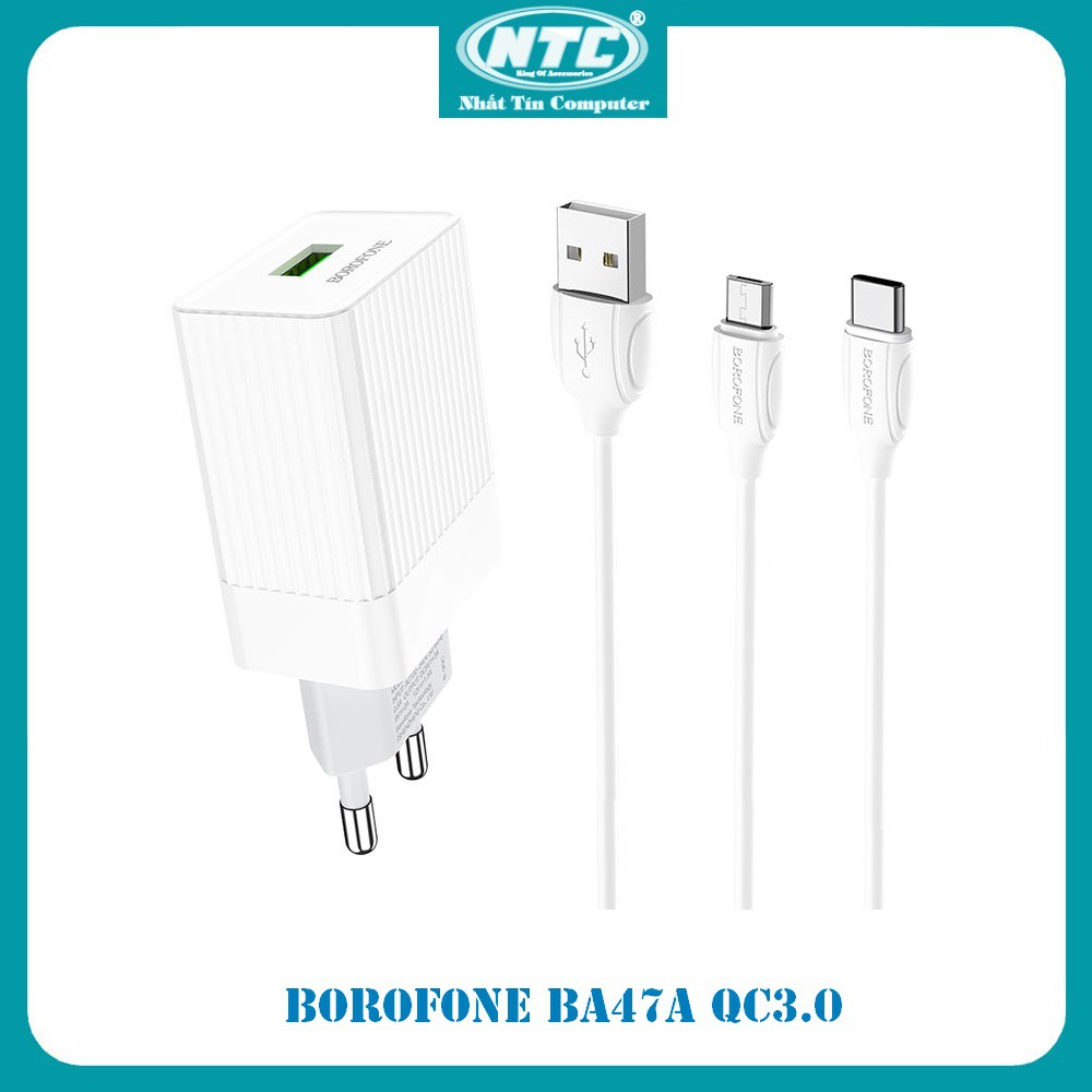 Bộ Cốc và Cáp sạc Borofone BA47A Mighty speed QC3.0 Output 18W - chân Micro-USB / Type-C (Trắng) - Nhất Tín Computer