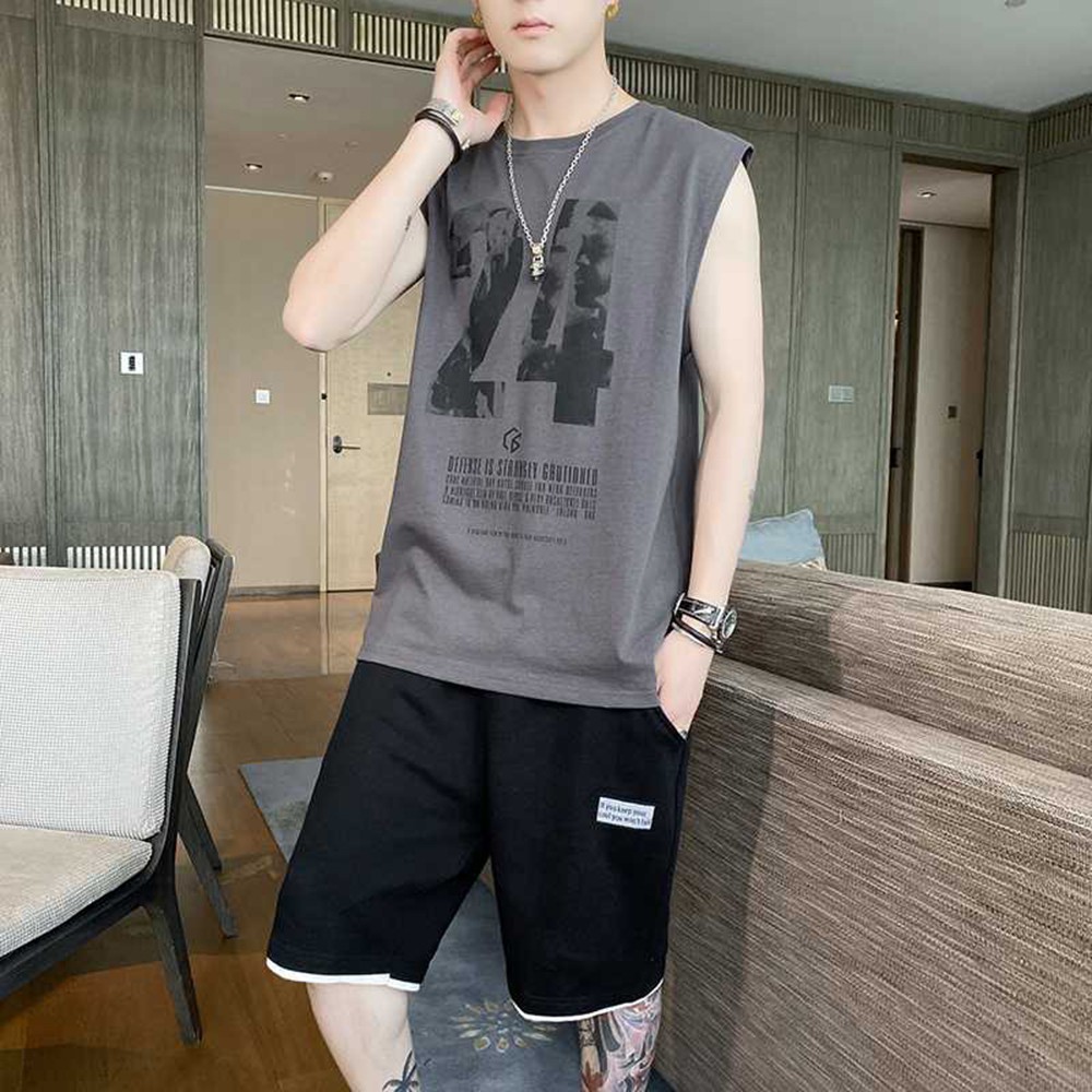 Bộ Đồ Thun Nam 24 Áo 3 Lỗ Khoét Nách Cổ Tròn Quần Short Đùi Thể Thao Có Túi MENFASHION 90000160C