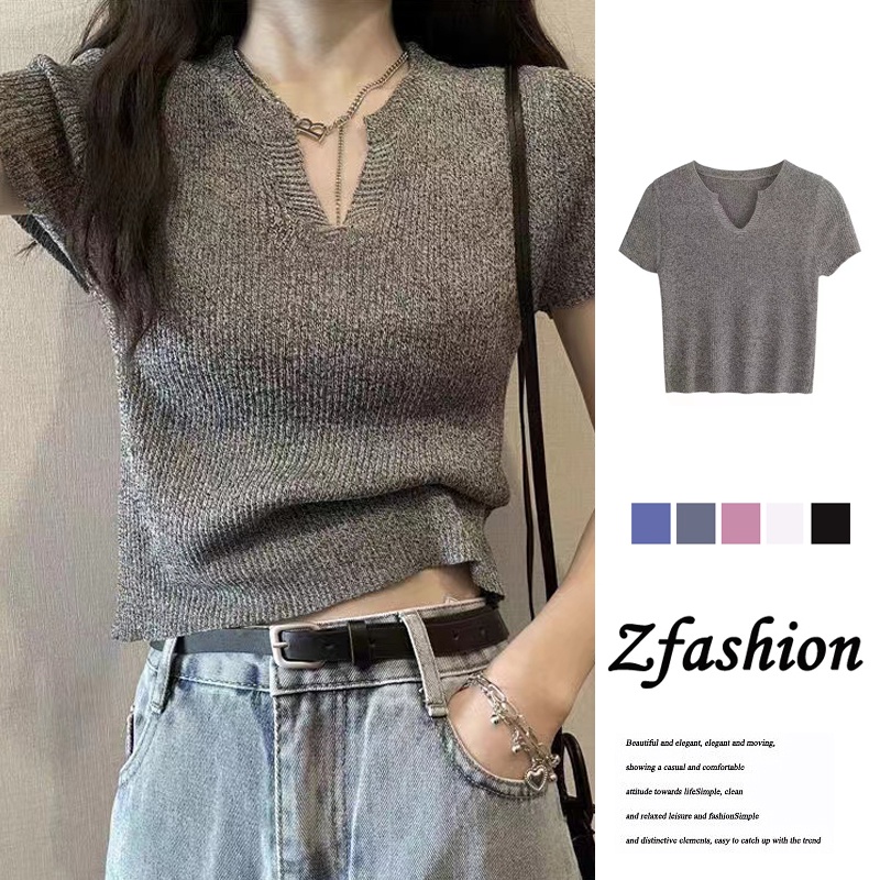 Áo Croptop Dệt Kim Tay Ngắn Cổ Chữ V Thời Trang Mùa Hè Phong Cách Hàn Quốc Cho Nữ