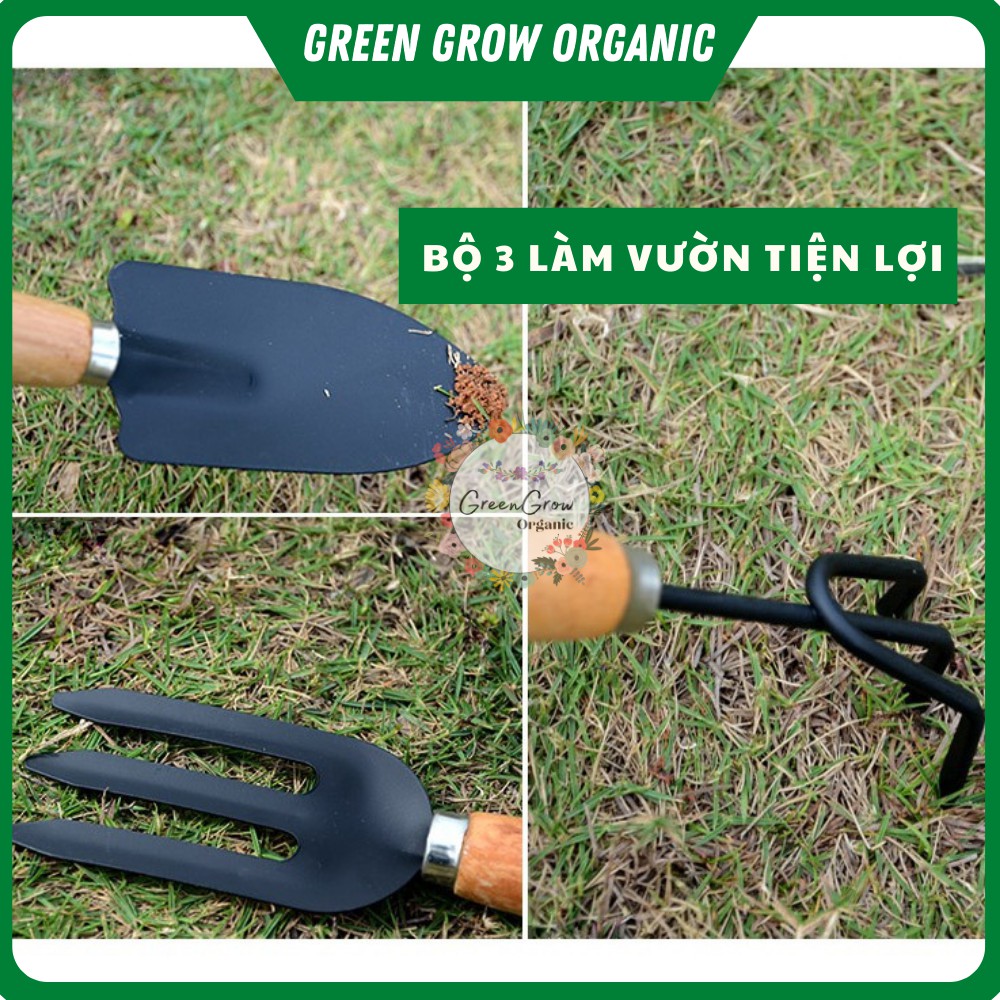 Bộ cuốc xẻng làm vườn mini cán gỗ 3 món dụng cụ làm vườn thông minh MS148 GREEN GROW