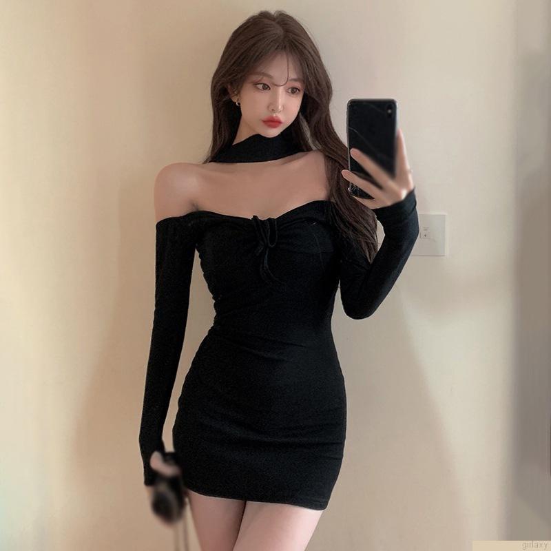 Váy mini dáng ôm tay dài hở vai màu sắc thời trang phong cách Hàn Quốc cho nữ