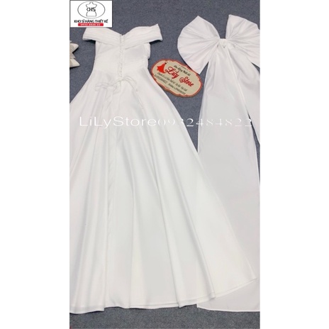 MS1157Y ĐẦM CƯỚI  BẸT VAI XẾP LY KÈM NƠ LƯNG ĐUÔI THƯỚT THA full size S/M/L/XL