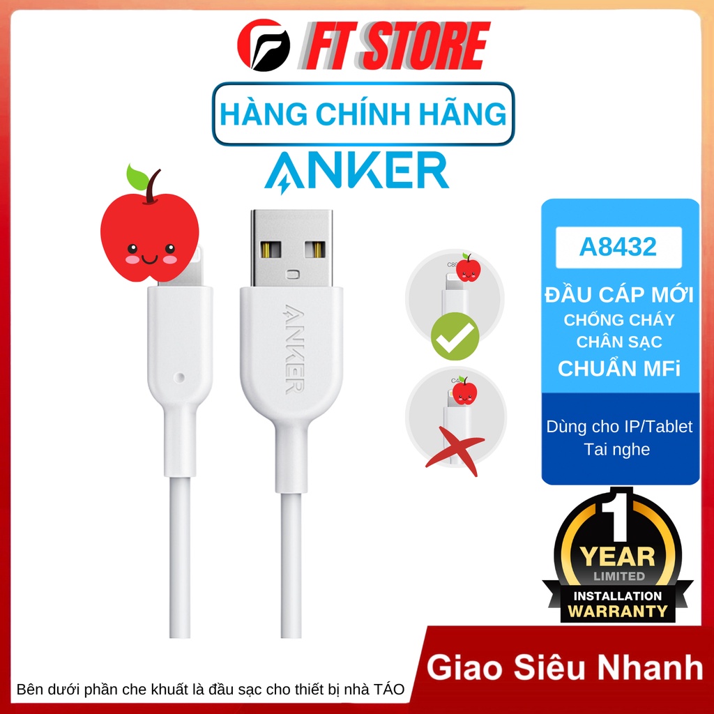 Cáp Sạc Anker PowerLine II A8432 dài 1m chuẩn MFi dành cho Ip/tablet táo/máy nghe nhạc táo/tai nghe táo