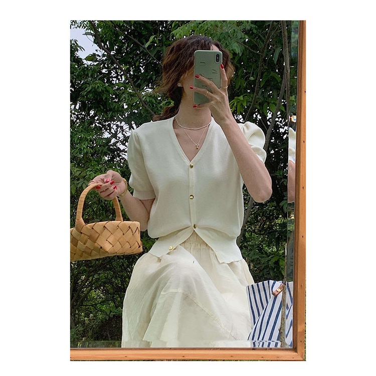 Áo cardigan Ngắn Tay Phồng Cổ Chữ v Phong Cách retro Thời Trang Hàn Quốc