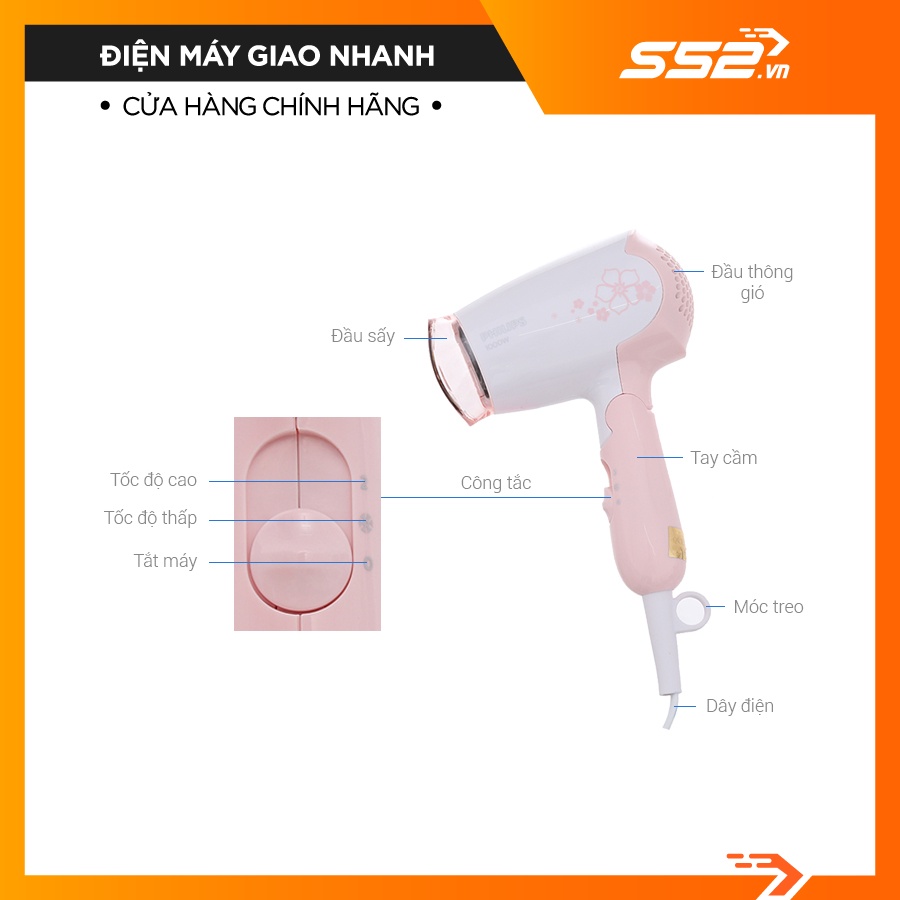 Máy Sấy Tóc Mini Philips HP810800 Máy Xấy Tóc Cầm Tay 1000W 2 Chế Độ Sấy Duy Trì Độ Ẩm Bảo Vệ Tóc - Bảo Hành Chính Hãng