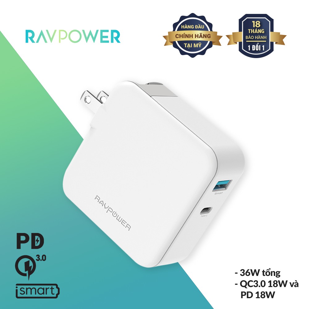 Củ Sạc RAVPower 36W iSmart, Công Nghệ Sạc QC 3.0, PD 18W Type-C