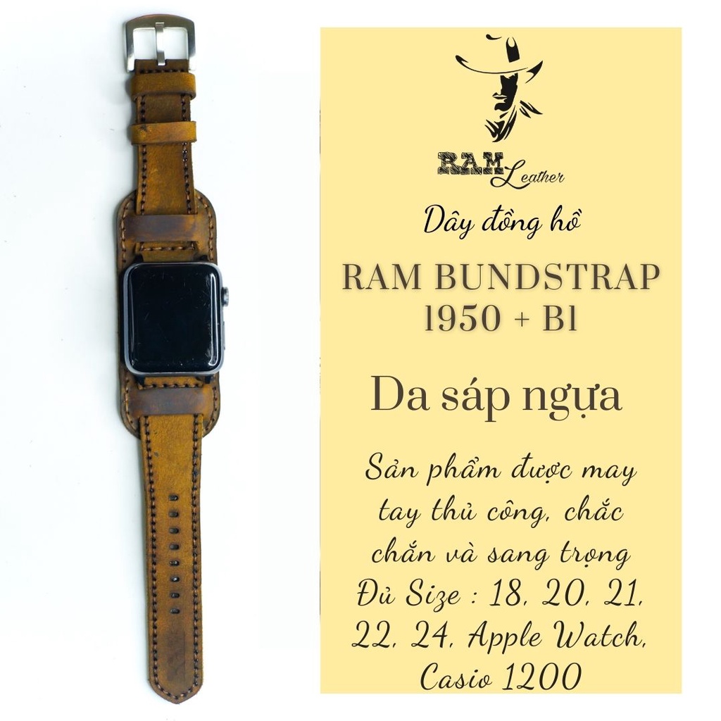 Dây Apple Watch , iWatch , iphone Watch da bò nâu đất kèm tấm đệm chống mồ hôi RAM Leather bundstrap b1