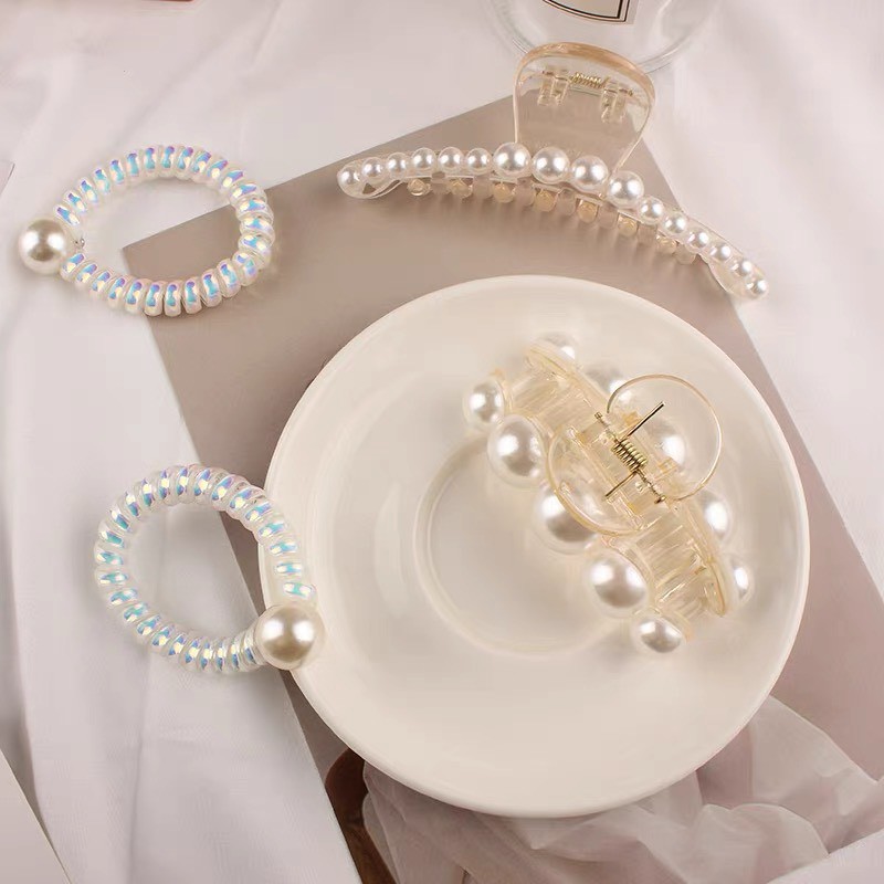 Set 5 kẹp tóc Hàn Quốc Mivino kèm dây buộc tóc ngọc trai nhân tạo KT28
