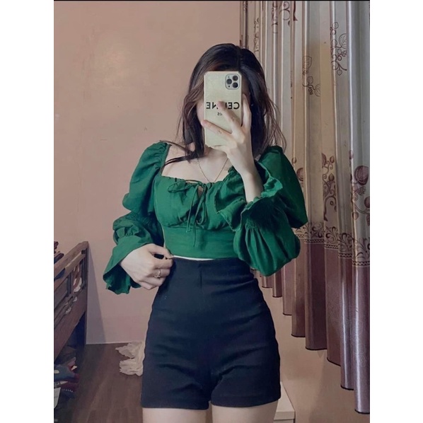 [NEW] Áo Sơ Mi Đũi Croptop , Áo Kiểu Dáng Ngắn Cách Điệu Màu Xanh Lá Hottrend 2022