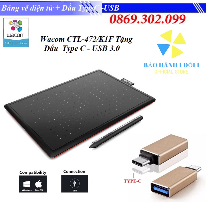 Bảng Vẽ Điện Tử Chuyên Dùng Thiết Kế Đồ Họa Wacom CTL-472/K1F Tặng Đầu Chuyển USB Type C - USB 3.0