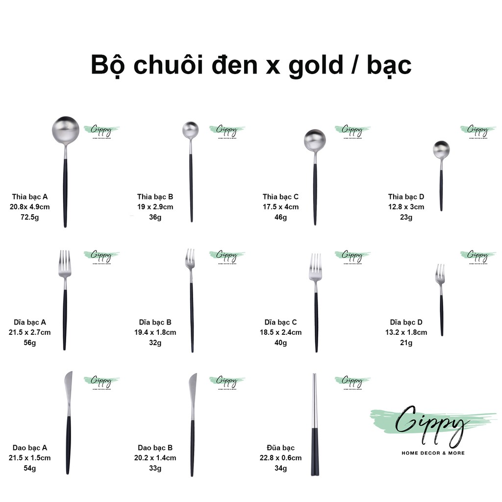 Dao thìa dĩa màu gold, màu bạc chuôi đen phong cách Bắc Âu - Gippy Decor