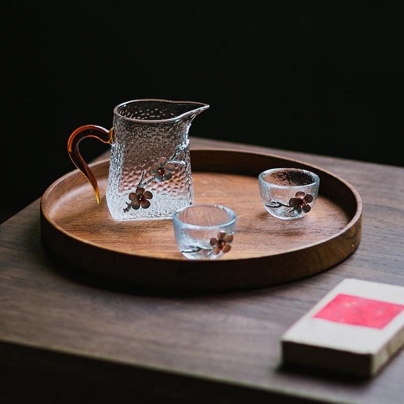 Tống trà thủy tinh chịu nhiệt họa tiết hoa mai khảm bạc Trúc Vân Lâu