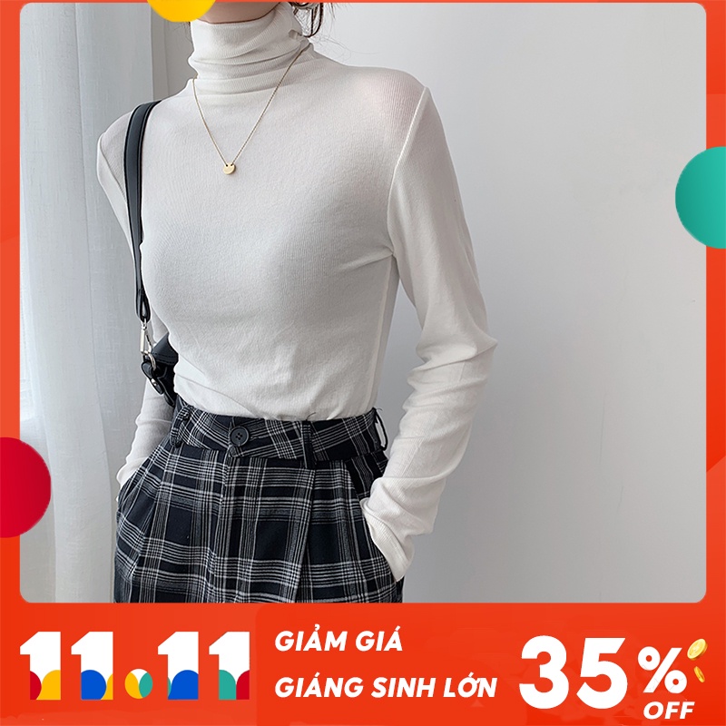 [ Mã 11FASHIONSALE1 giảm 10K đơn 50K ] Áo Thun Dài Tay Cổ Cao Thời Trang Mùa Thu Màu Trơn 2021 Cho Nữ