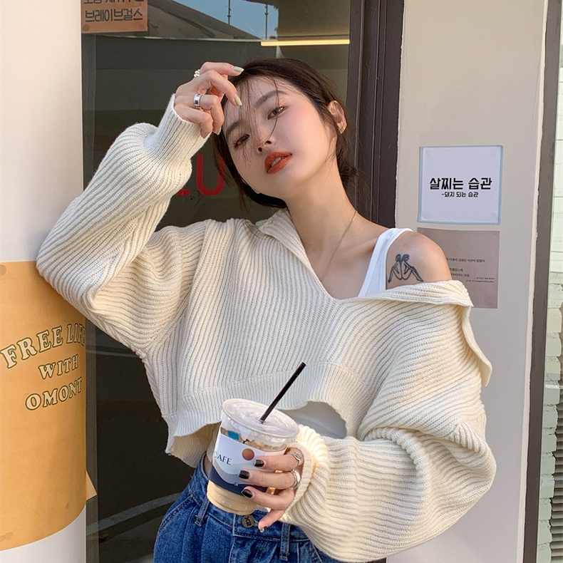 Áo ZHELIHANGFEI dệt kim tay dài cổ polo dáng ngắn thiết kế lệch tà phong cách cá tính dành cho nữ