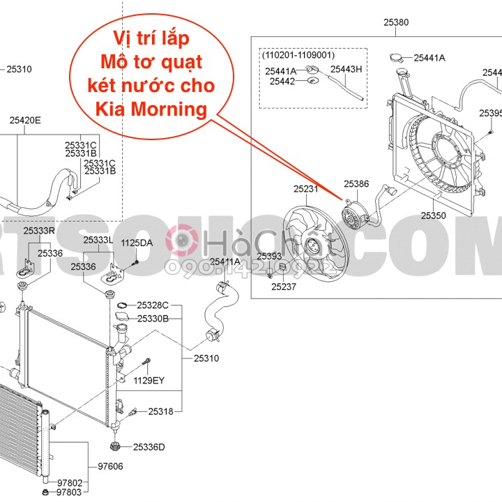 Mô tơ quạt két nước cho Kia Morning hiệu HANON 🚘 nhập khẩu Hàn Quốc - Đời xe 2012 - 2020