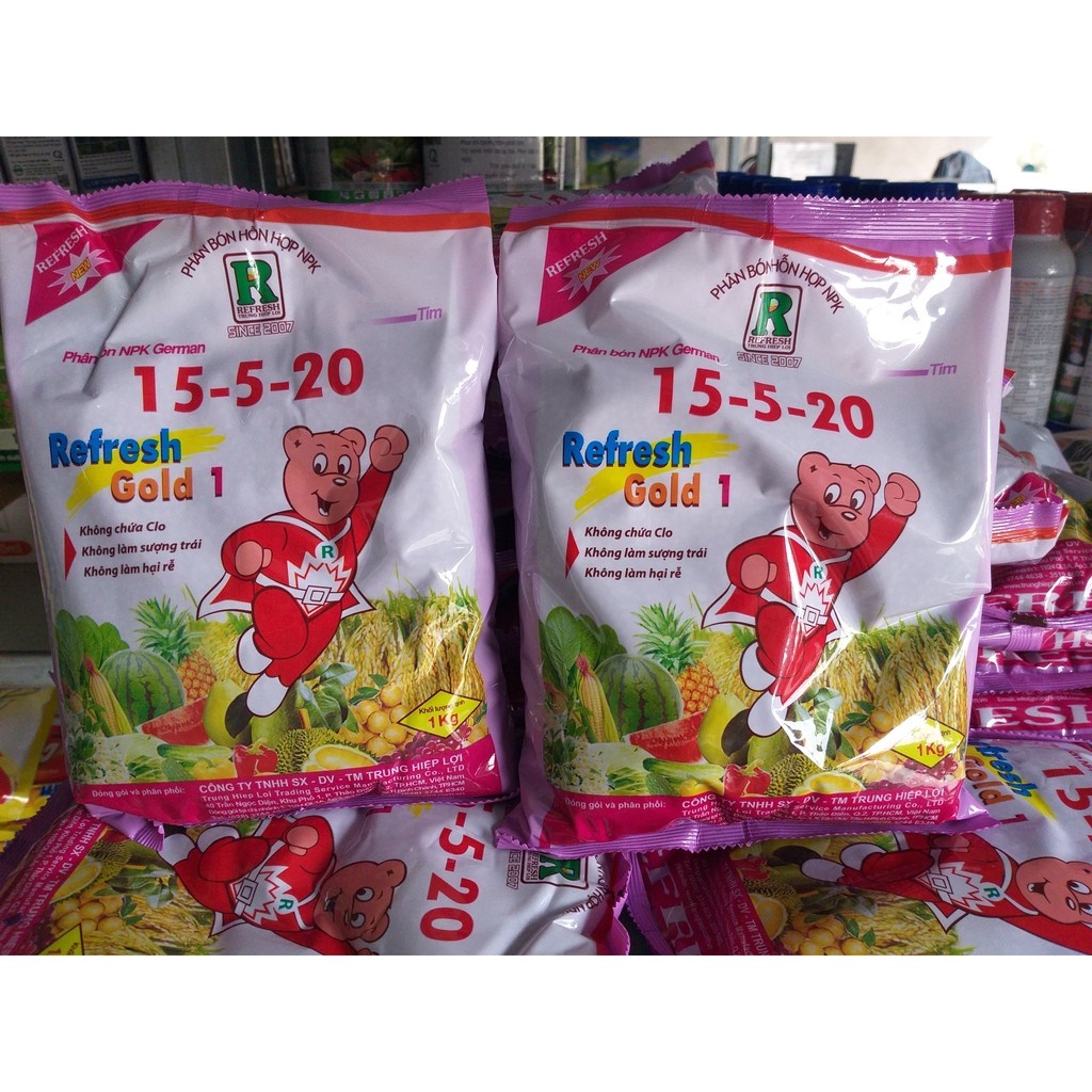 Phân bón NPK 15-5-20 Refresh Gold 1 Tím dạng phức hợp (túi 1kg), Kali cao giúp nuôi hoa dưỡng trái