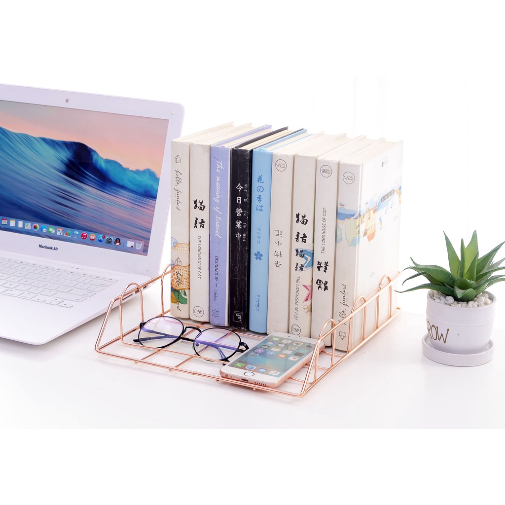 Kệ đựng tài liệu 4 ngăn cao cấp, giá sách thép không gỉ decor bàn làm việc