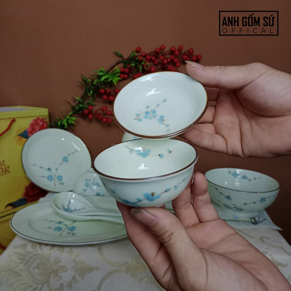 Bộ bát đĩa sứ Bát Tràng, bộ chén dĩa men kem họa tiết đào xanh cao cấp 13 chi tiết, bán lẻ các món