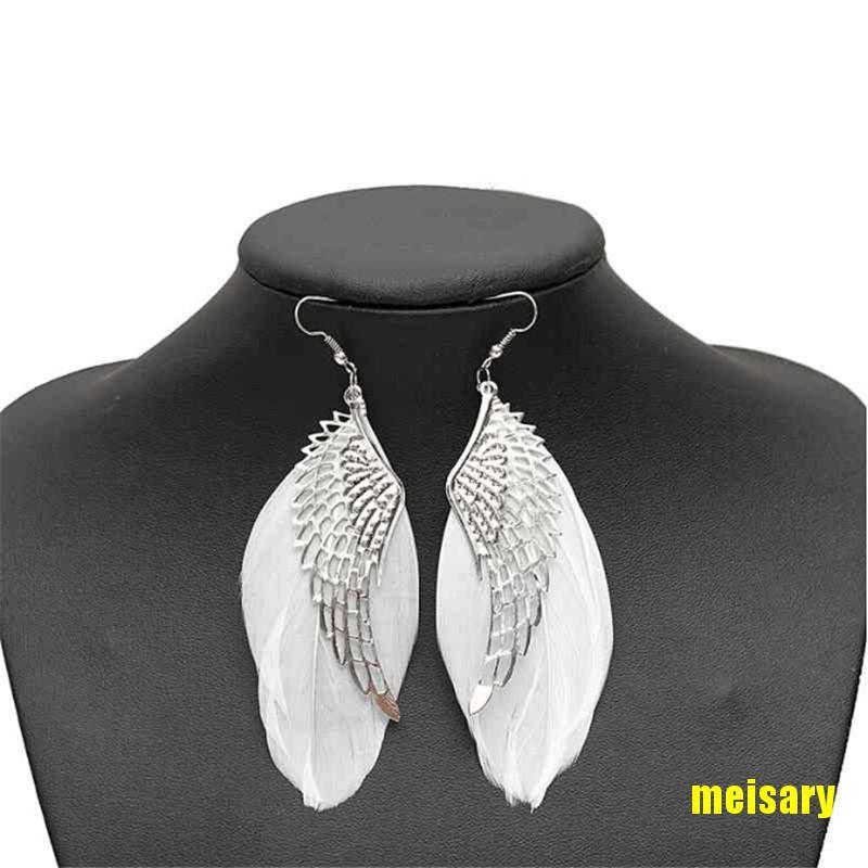 [mei] Angel Wing White Feather Dangle Earring Fashion Jewelry Long Earrings for Women eqrr