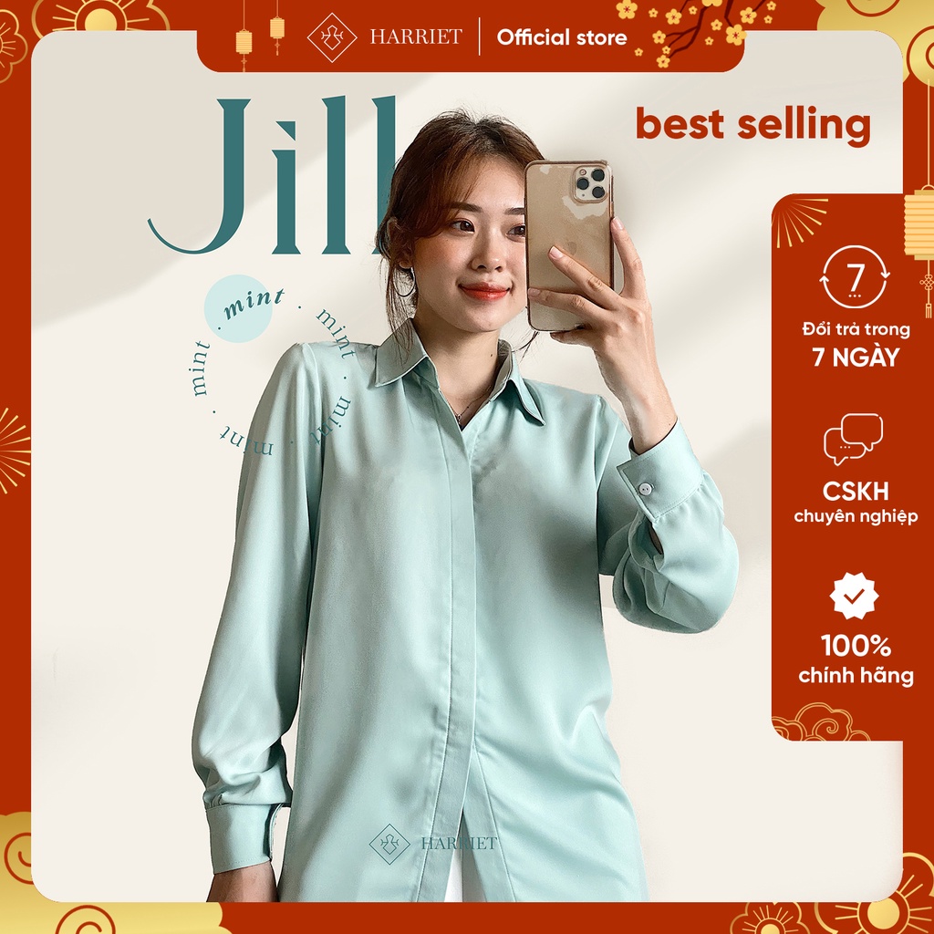 Áo sơ mi nữ công sở cơ bản xanh bạc hà cổ đức giấu cúc Jill Harriet
