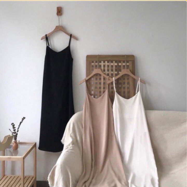 🚛  Váy 2 dây, đầm xuông - váy chất đũi lụa trơn basic nữ