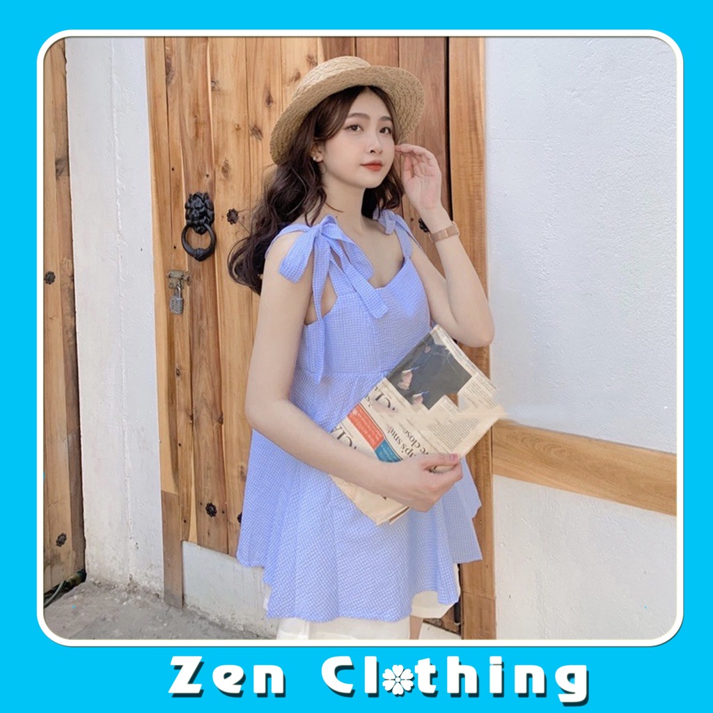Set áo babydoll 2 dây kẻ xanh xốp kèm quần sooc đùi  trắng bộ đồ nữ babydoll Zen Clothing Zen006 | BigBuy360 - bigbuy360.vn