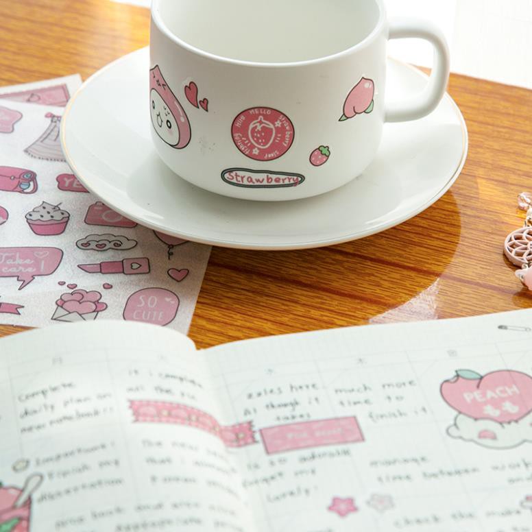 Set 4 Sticker cute hình hoạt họa màu hồng chất liệu PET trang trí văn phòng phẩm / sổ lưu niệm LYANWN