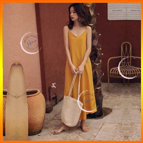 Váy Maxi Hai Dây Nữ Dáng Suông Vải Đũi Lụa Mềm Mịn Dây Lưng Đan Chéo Cách Điệu Hanva
