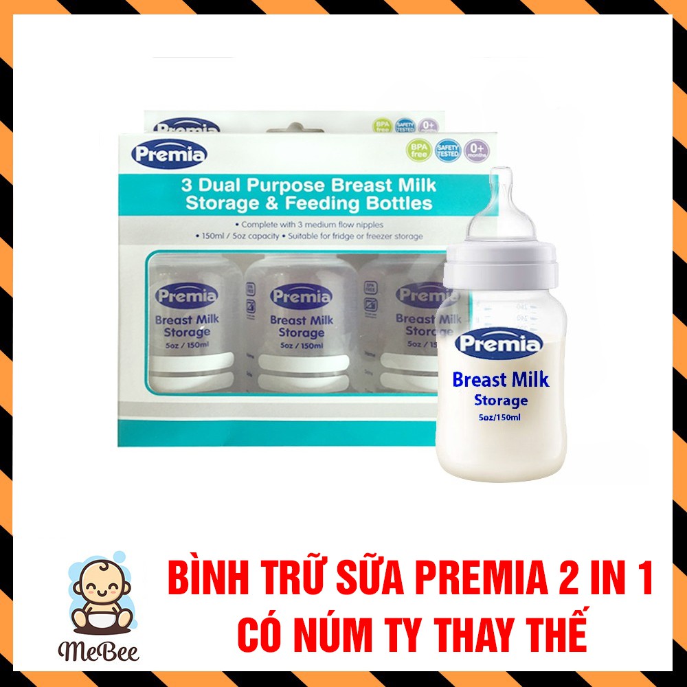 Bộ 3 Bình Trữ Sữa Premia cao cấp kèm núm ty - Dung tích 150ml