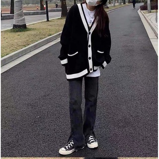 Áo len cardigan có túi phối màu basic Ulzzang