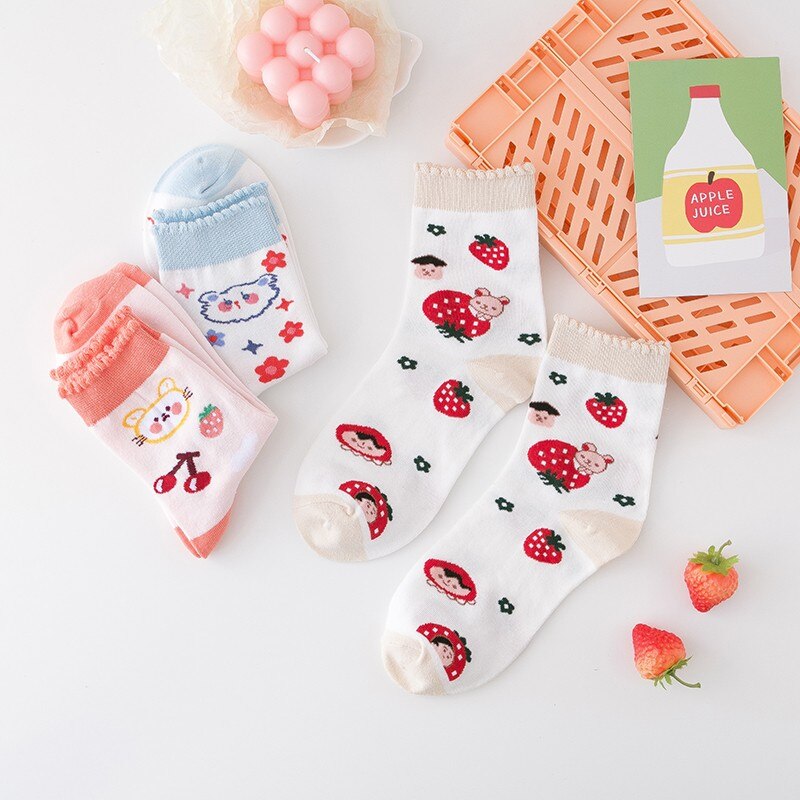 Happy Cartoon Women Crew Socks Cotton Cute Bears Rabbits Animals Tube Socks Korean Kwaii Ladies Mid-long Fruits Socks