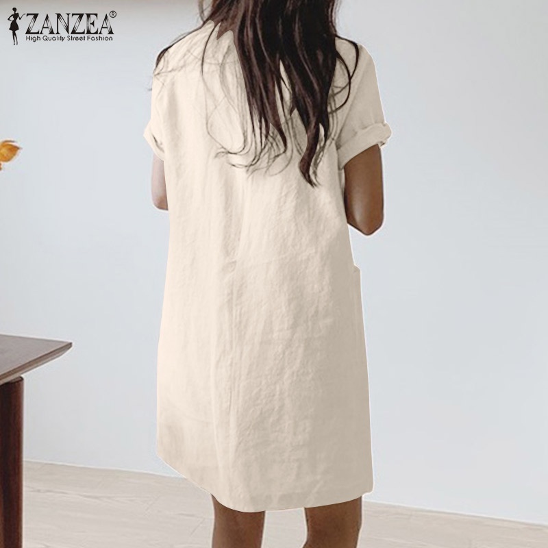 ZANZEA Đầm Nữ Tay Ngắn Cổ Tròn Màu Trơn Phong Cách Hàn Quốc Thời Trang