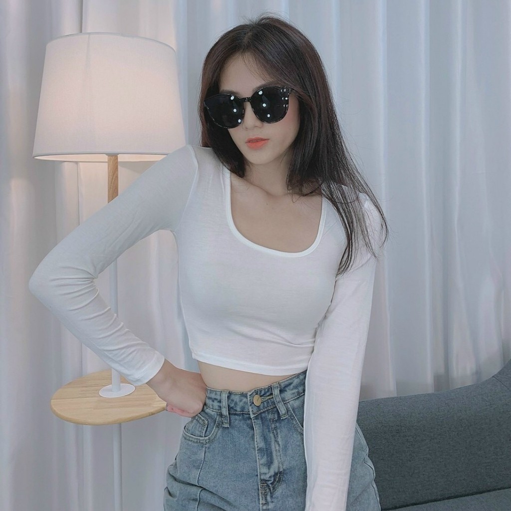 Áo Kiểu Croptop Cổ Vuông Tay Dài, Chất Borip Lụa Mềm Mịn Co Giản Size 55kg Fom Chuẩn Ảnh 100%