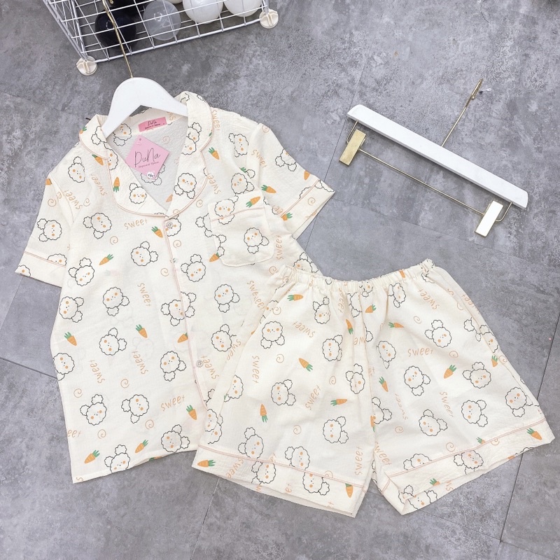 Bộ pijama mặc nhà quần đùi áo cộc hoạ tiết hình xinh, Đồ ngủ nữ xinh hàng Quảng Châu