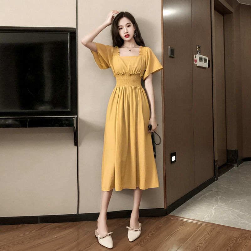 Large Size Yellow Long Skirt Palace Style Retro French Waist Slimming Chiffon Square Collar Dress2021New Summer | BigBuy360 - bigbuy360.vn