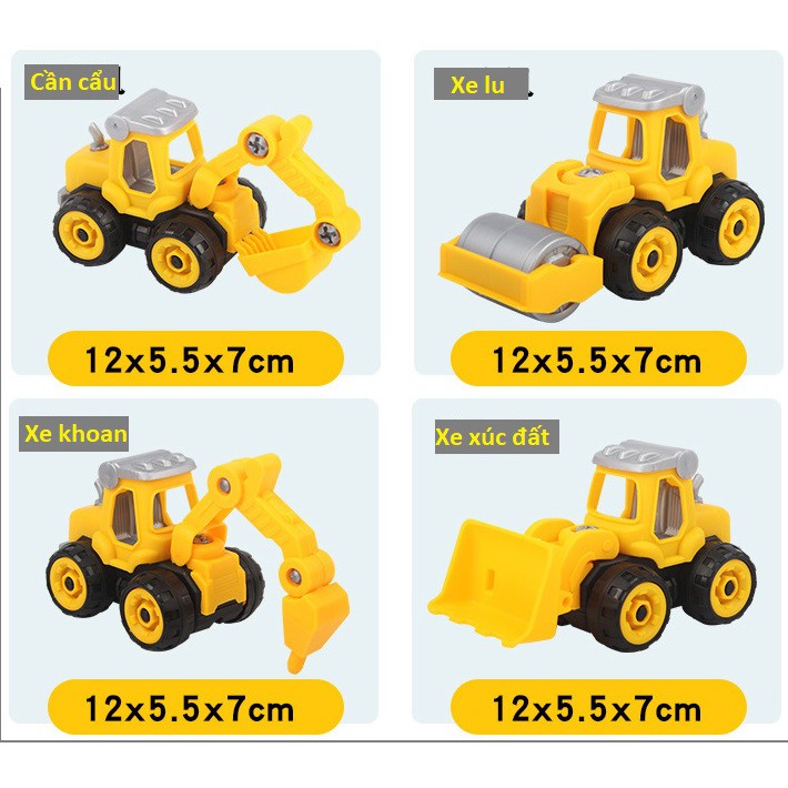 SET 4 mô hình oto công trình xây dựng, cần cẩu, máy xúc/ Đồ chơi thông minh thoả sức sáng tạo cho be