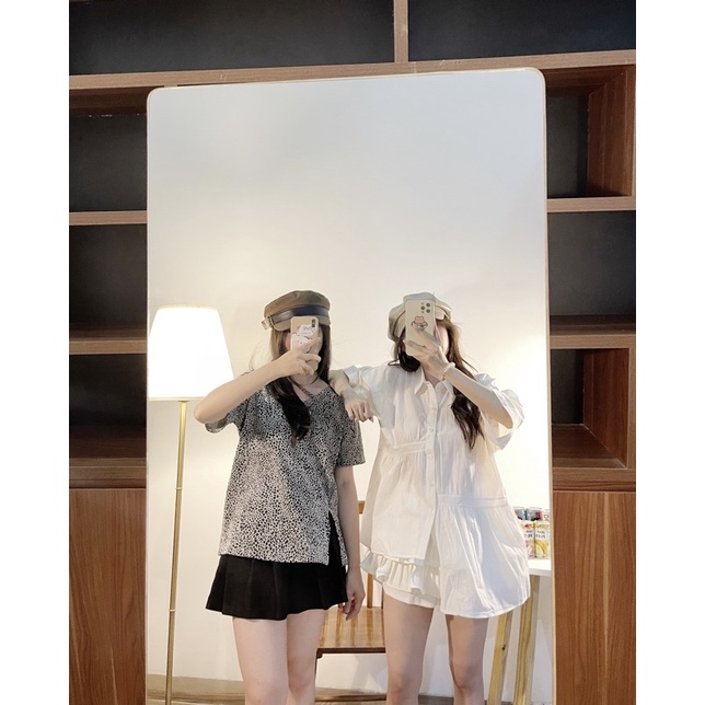 [Mã SKAMLTSM9 giảm 10% đơn 99K] Áo sơ mi cộc tay vạt lệch nhún cách điệu, áo babydoll nhún eo (ảnh thật/sẵn)
