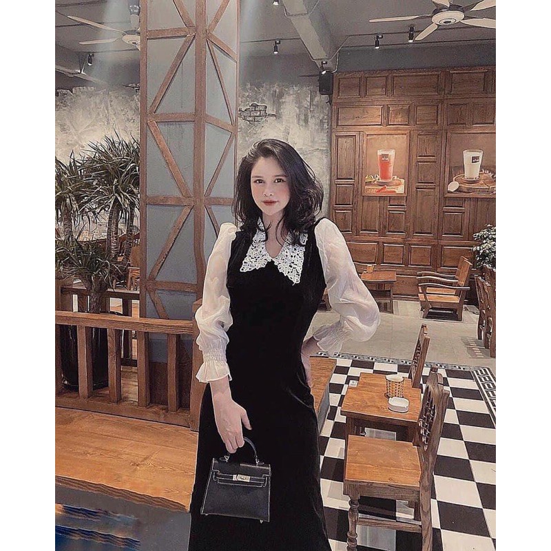 Váy nhung cổ ren phối tay