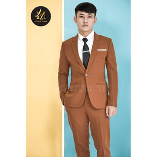 Bộ vest nam 1 nút tông nâu đồng tặng cà vạt nơ