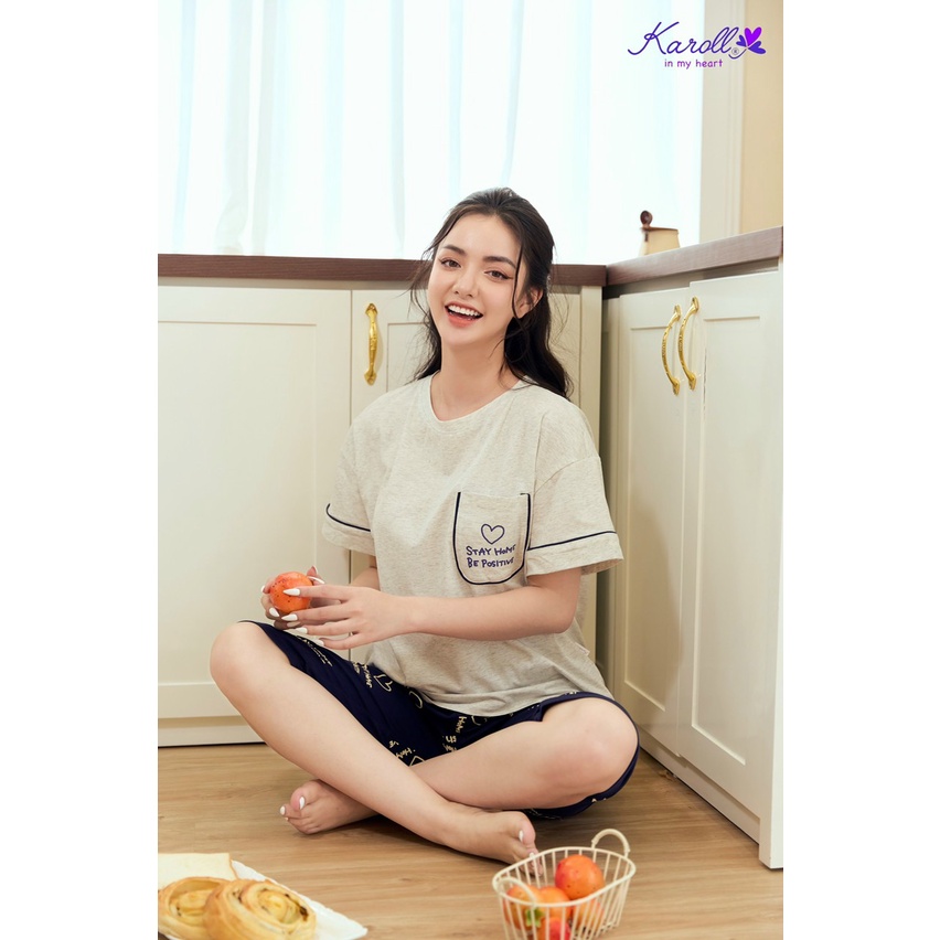 Bộ đồ mặc nhà Cotton Karoll, set đồ ngủ mặc ở nhà cao cấp dáng áo cộc quần ngố họa tiết trái tim trẻ trung năng động