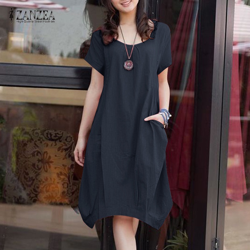 Đầm midi Zanzea tay ngắn cổ tròn phong cách hàn quốc đơn giản thời trang cho nữ